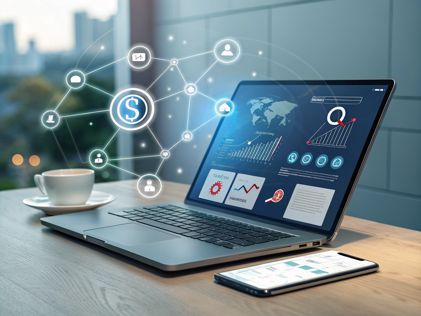 Modern digital workspace visual with a laptop showing abstract marketing elements and glowing connections.